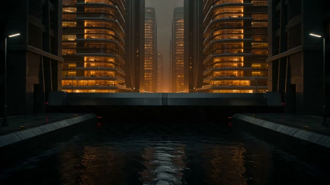 A related flood-control study: a barrier between illuminated buildings and dark water.