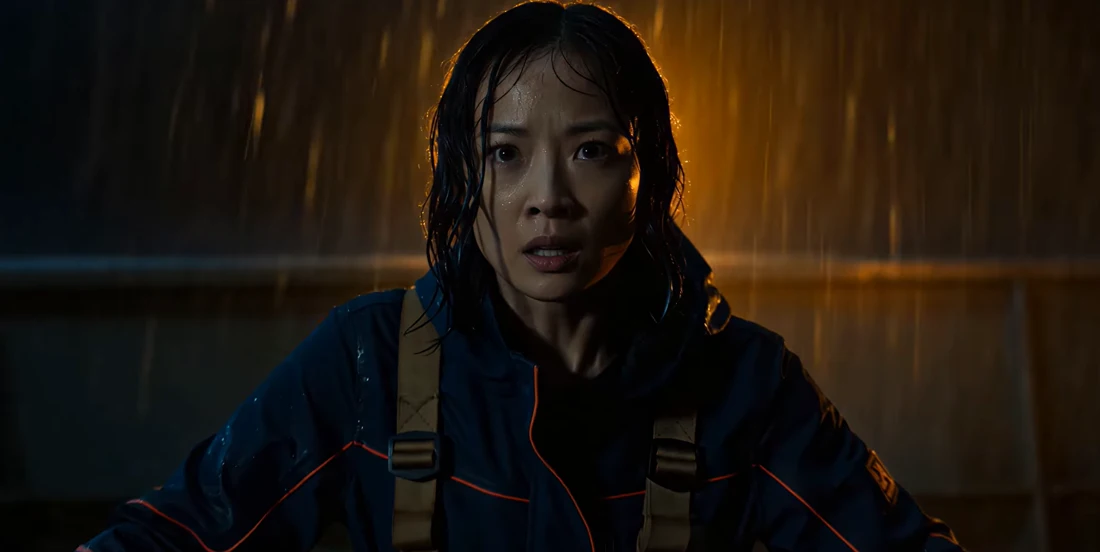 Maya Chen in a rain-soaked blue field jacket, looking toward someone off screen.