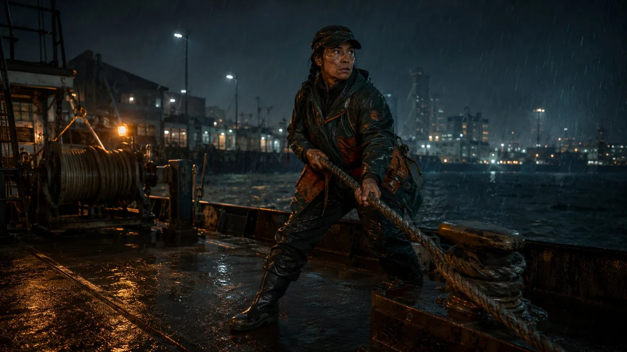 Captain Sela Mata secures a survey vessel in storm weather. Generated action concept, v50.