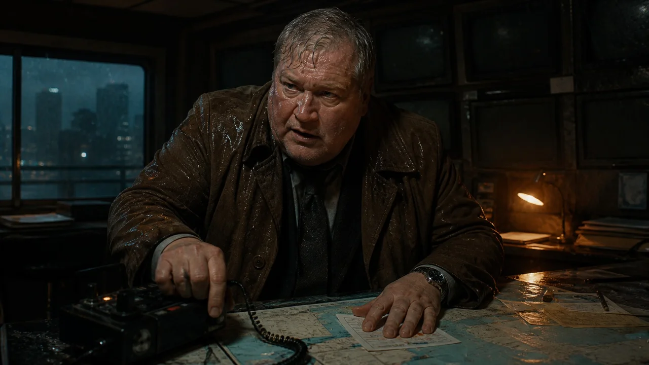 Commissioner Gerald Fisk coordinates from a degraded command room. Generated action concept, v50.