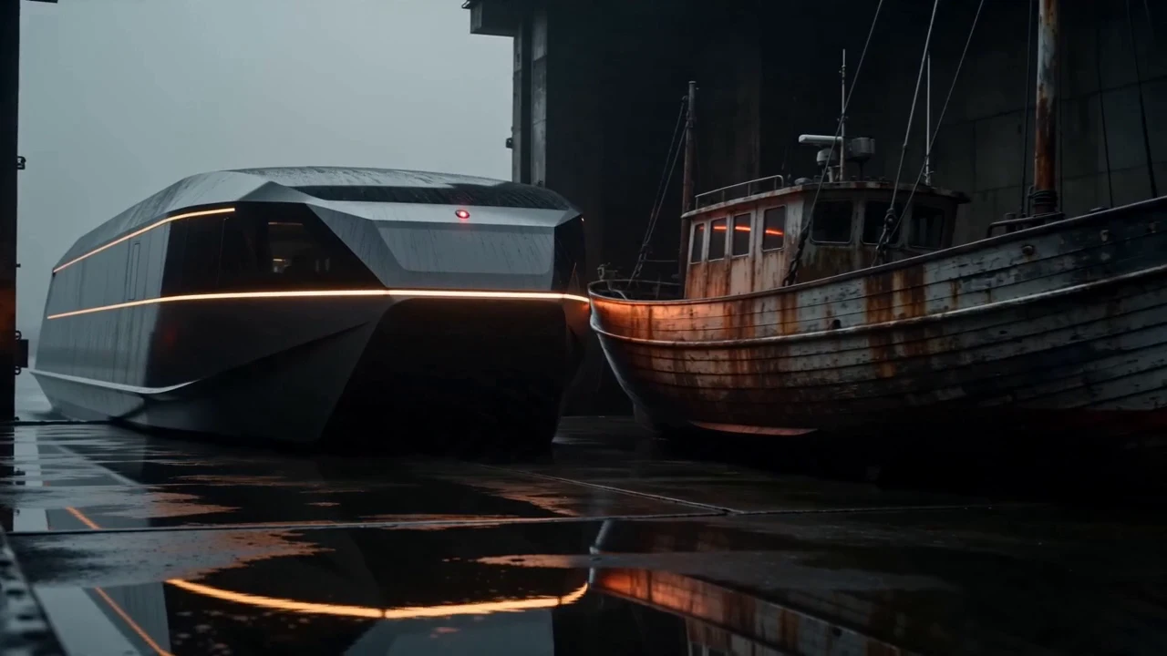 Source shot 004: a modern ferry moored beside a weathered workboat.