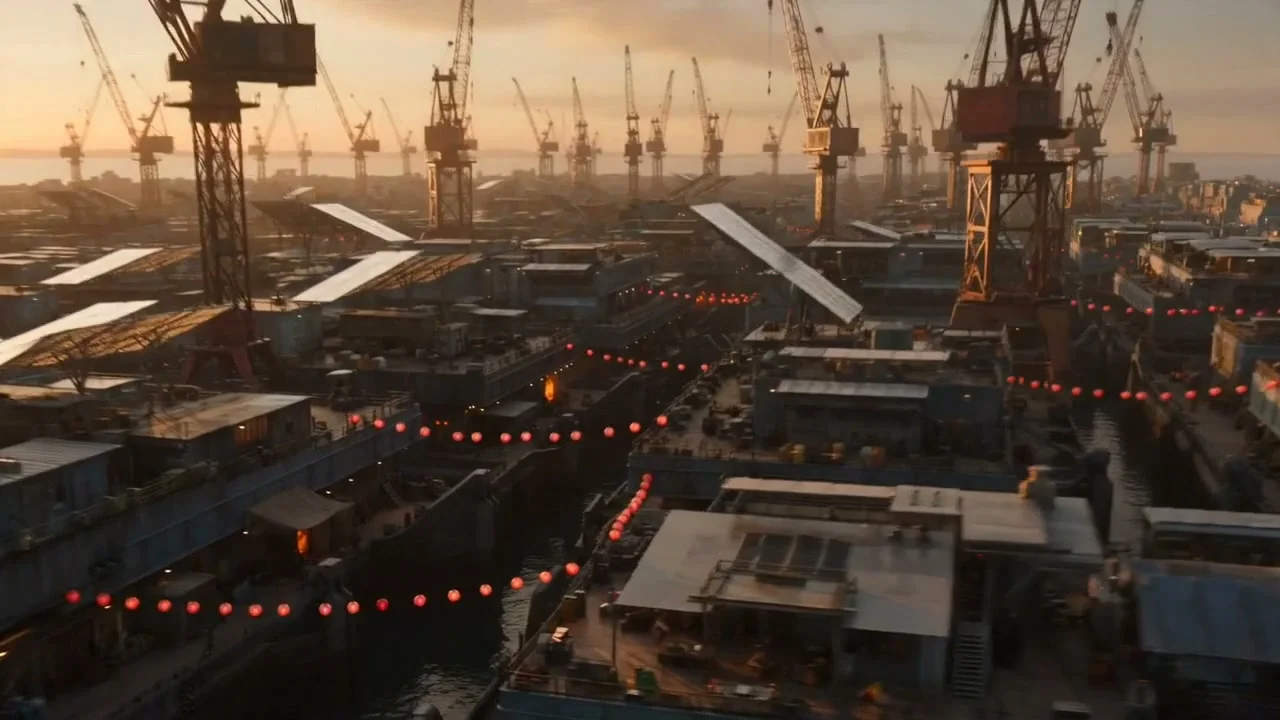 Aerial descent from the crane skyline into a lantern-lined working canal. Supplied generated shot study.