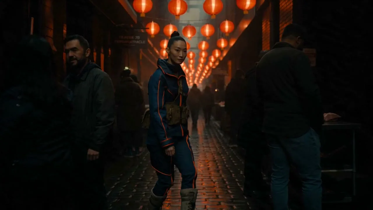A figure passes through the narrow lantern-lit market crowd. Supplied generated shot study.