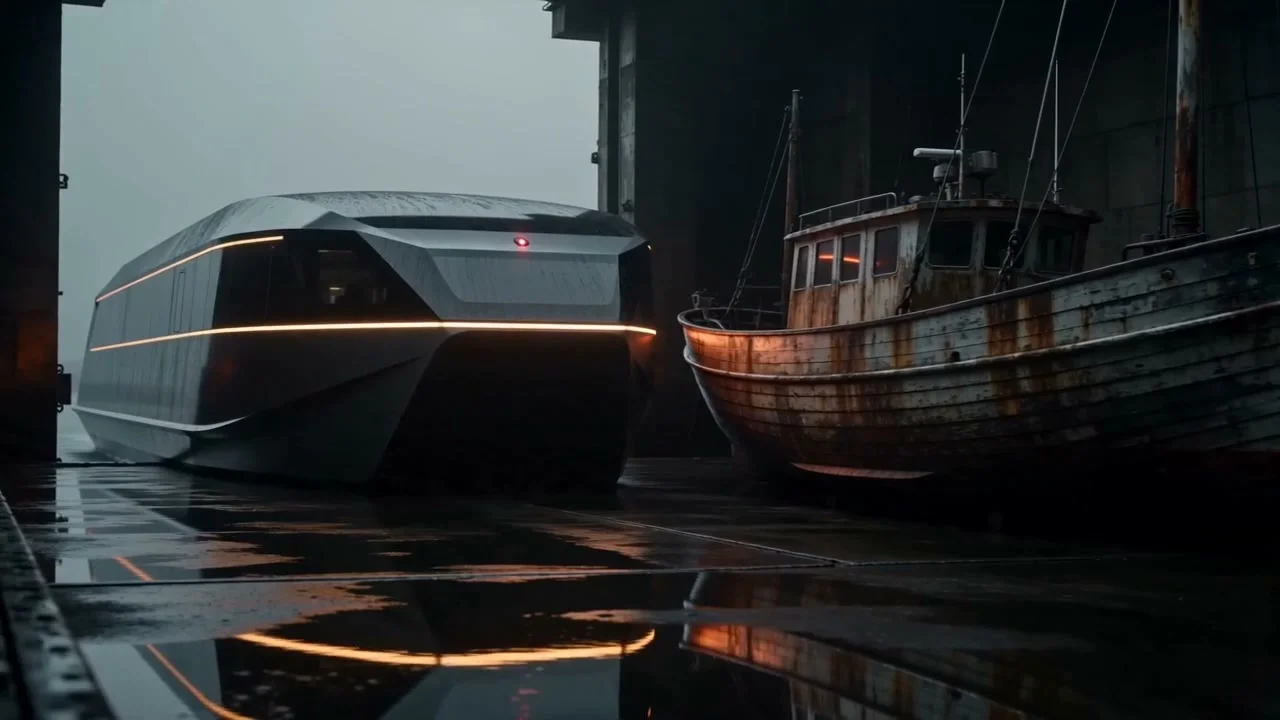 A modern passenger ferry passes a weathered workboat in a narrow berth. Supplied generated shot study.