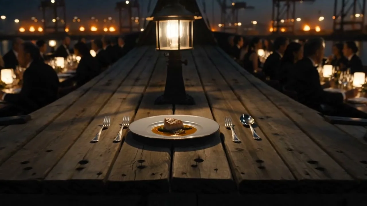 A plated dinner pulls back to an elegant shared table on a working harbor barge. Supplied generated shot study.