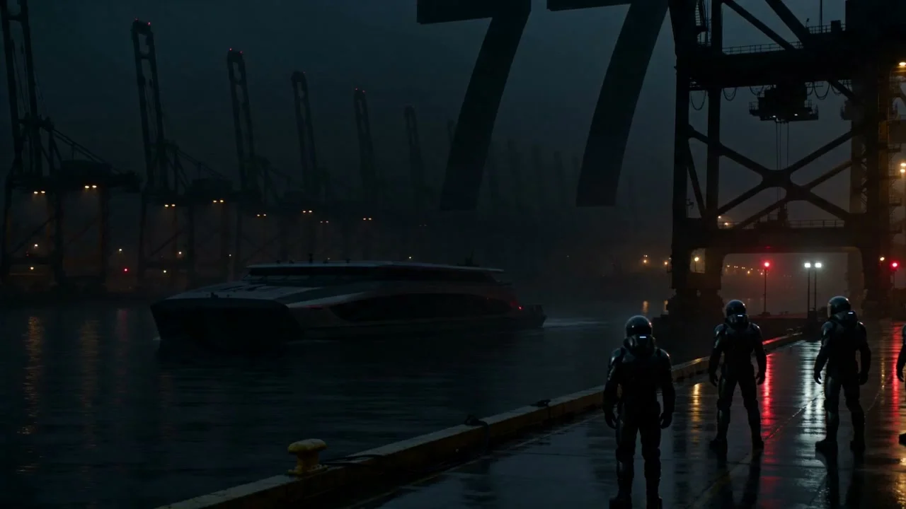 The crane-yard ferry loses its light while dock workers watch across wet concrete. Supplied generated shot study.