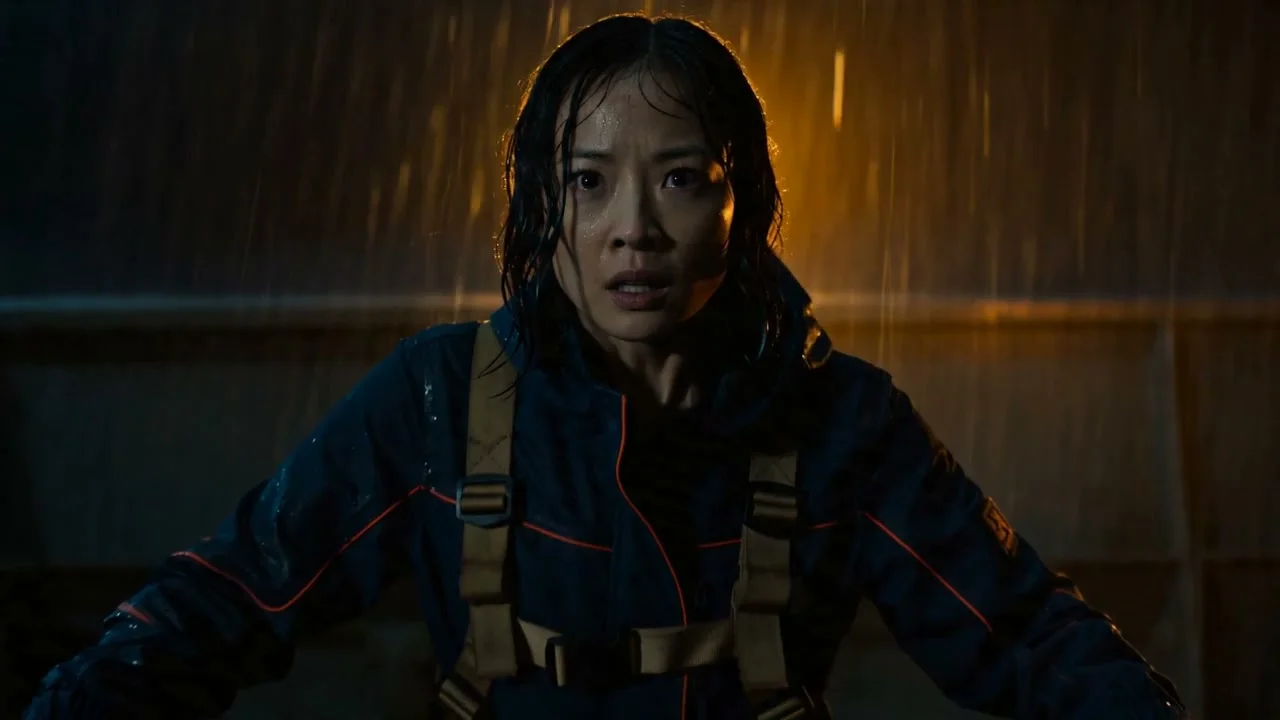 Maya Chen braces at a wet rail in heavy rain, then looks up in an urgent close-up. Supplied generated shot study.