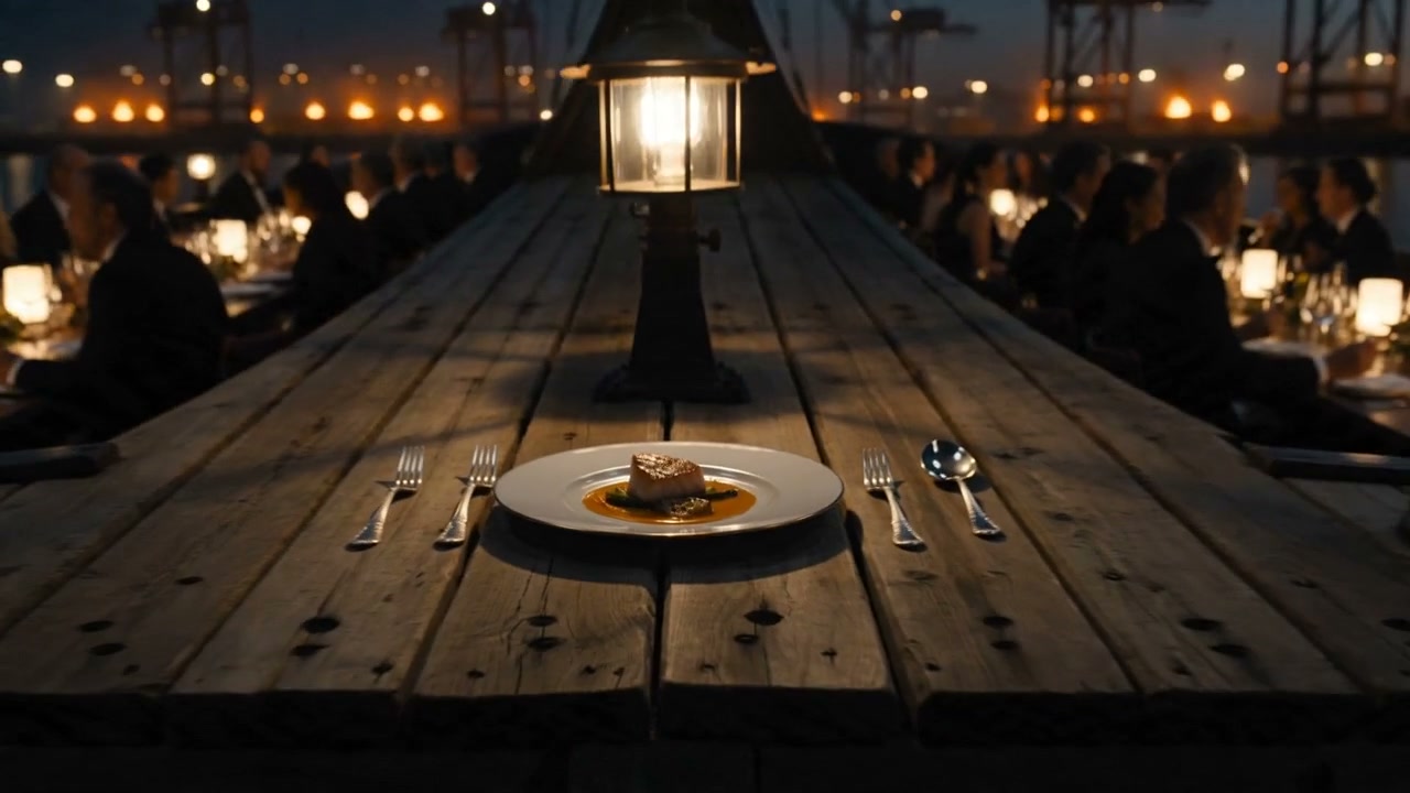 A plated dinner pulls back to an elegant shared table on a working harbor barge. Supplied generated shot study.