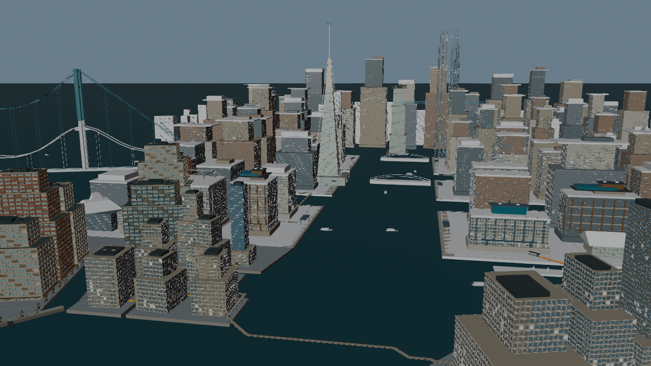 Original R14 render, with broken surface patterns across the distant façades